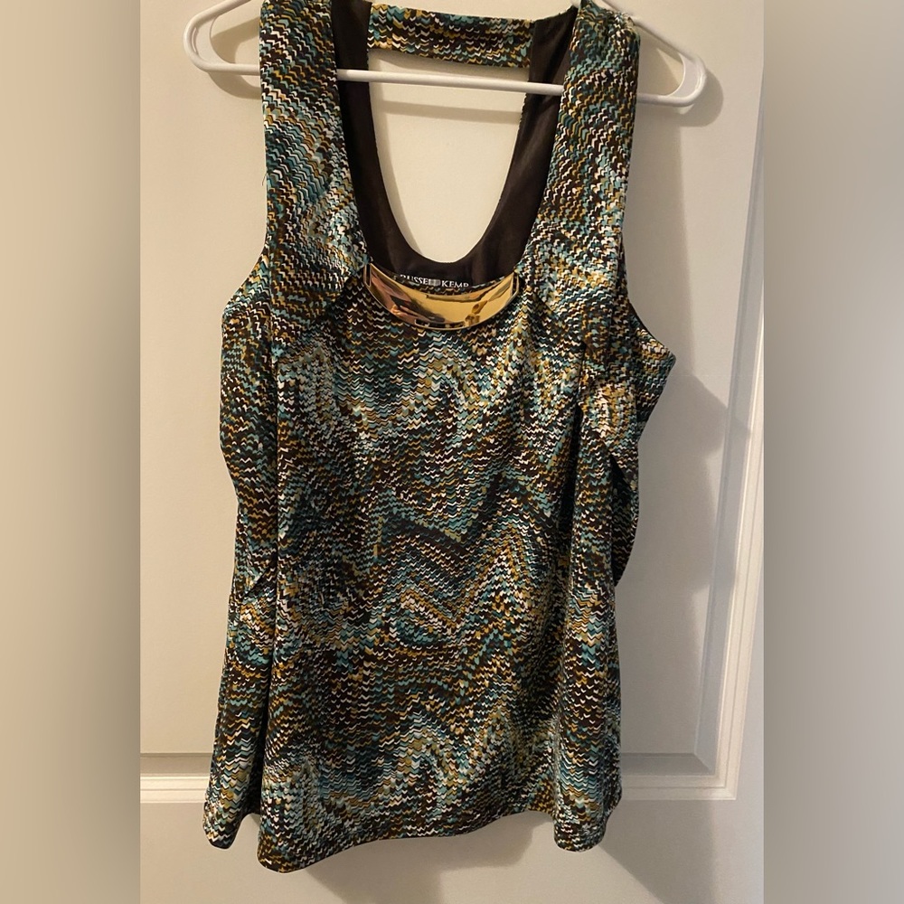Russell Kemp Multicolor Patterned Top w/Gold Accent Piece